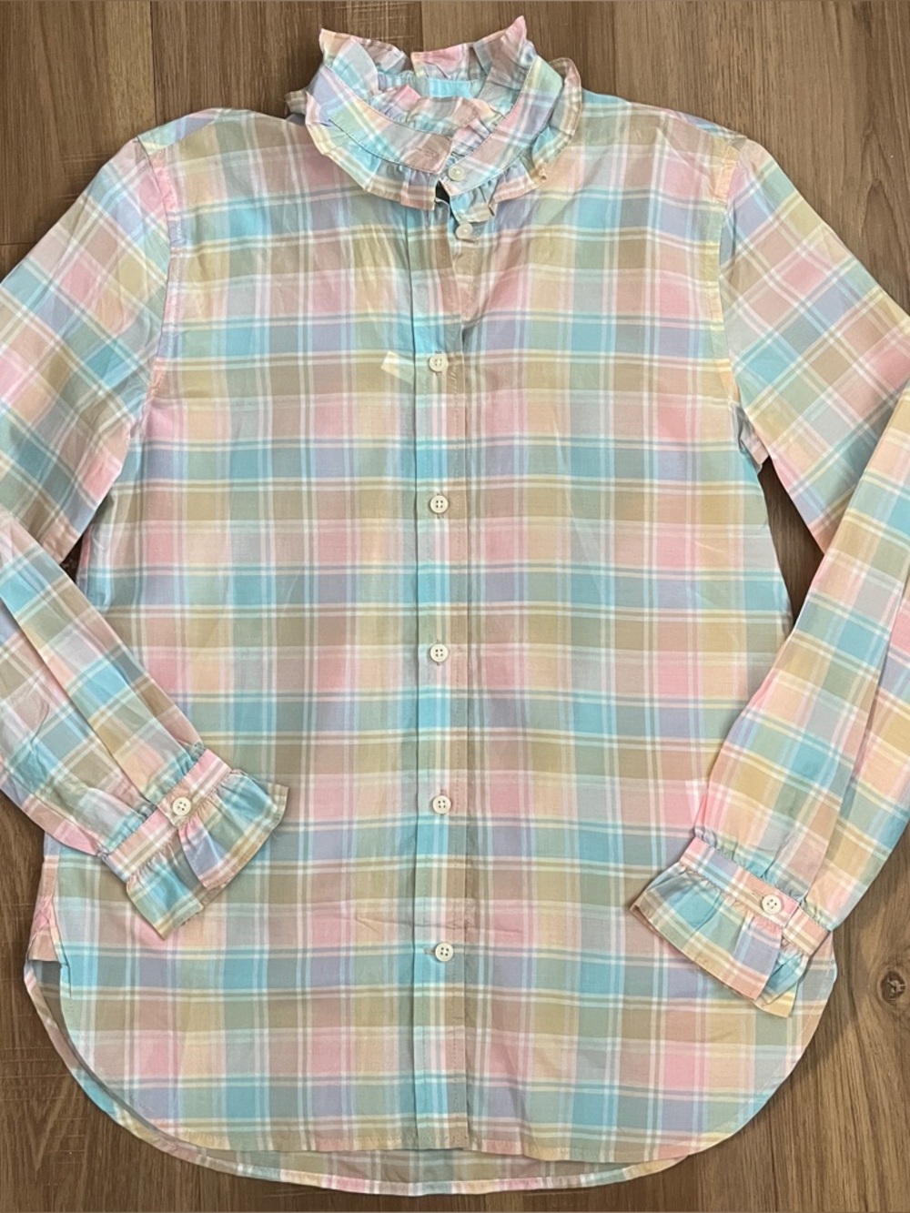J Crew Women's Pastel Plaid Ruffle Neck Silk Blend Button Down Top Size S NWT
